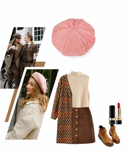 Pink wool beret styled with a brown dress and vintage boots for an autumn fashion look