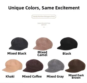 Close-up showcasing seven elegant colors of thick wool newsboy caps for autumn and winter