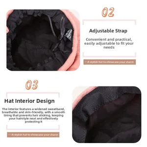 Detail of light pink beret showing adjustable inner drawstring and breathable sweatband