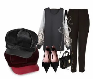 Fashionable octagonal baker boy hats with wool body and faux leather brim in a full outfit