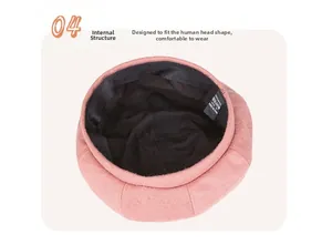 Detail view of pink beret interior showing black lining, sweatband, and care label