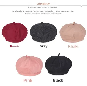 Detailed color palette of warm wool beret hats in burgundy grey khaki pink and black