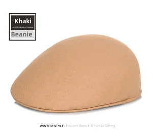 Detail of khaki wool felt ivy cap showing thick texture and warm winter material