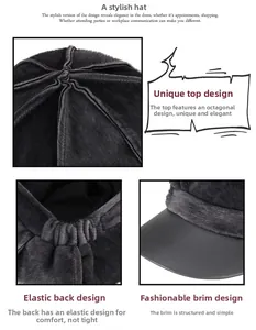 Detail view of winter octagonal hat showing the plush fabric and elastic back band