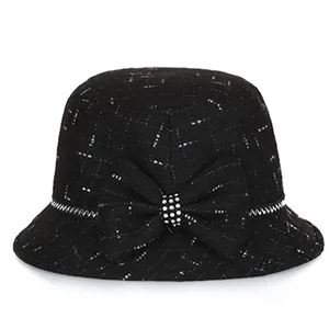 Women Elegant Tweed Cloche Hat Winter Warm Wool Blend Bucket Hat With Bowknot Rhinestone For Middle Aged Mom Gift