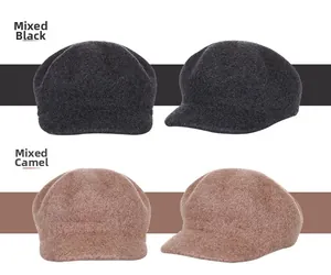 Detailed views of wool octagonal caps in mixed black and camel colors for women