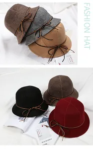 Collage of wool felt bucket hats in multiple colors with stylish leather bow detail