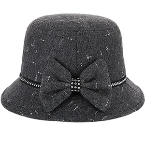 Elegant dark grey wool cloche hat for women with bow detail and metallic zip trim
