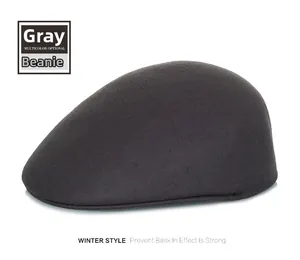 Close-up of a grey wool flat cap showing thick winter fabric texture and classic seams