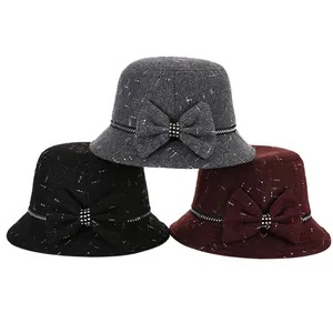 Elegant women's wool blend bucket hats in grey, black and burgundy with bow detail