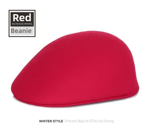 Detailed view of thick red wool newsboy cap texture for winter warmth
