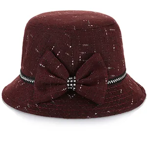Elegant wine red wool cloche hat for women with tweed texture and rhinestone bow detail
