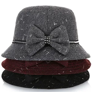 Elegant wool felt cloche hats for women in grey, burgundy, and black with bow detail