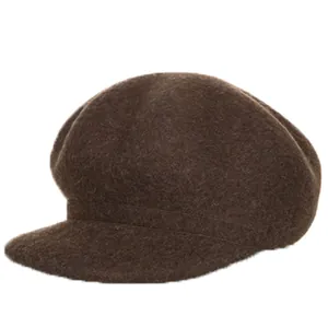Brown pure wool newsboy cap for women with octagonal structure and soft plush texture