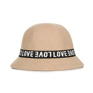 Women Winter Fashion Woolen Bucket Hat Warm Foldable Fisherman Hat Round Top Cloche Hat With Love Ribbon Decoration