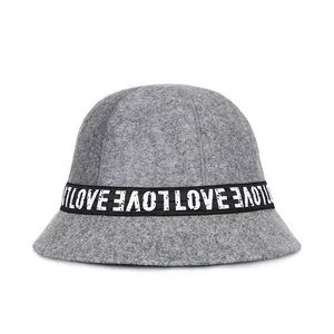 Chic dark grey wool fedora cloche hat with black Love letter ribbon band for women