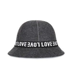 Women's dark grey wool felt bucket hat with LOVE letter ribbon decoration for winter