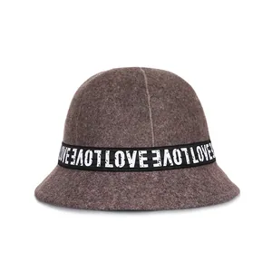 Brown wool cloche bucket hat for women with LOVE ribbon decoration for winter fashion