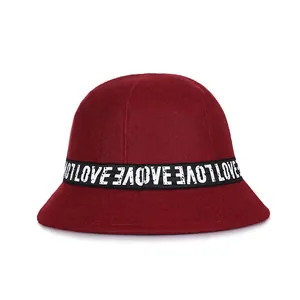 Foldable dark red wool bucket hat with stylish LOVE letter ribbon for winter women