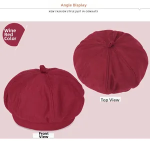 Detail view showing front and top perspectives of a wine red woolen beret hat