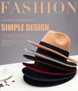 Detail view of multi-color wool felt fedora hats stacked with a black decorative band