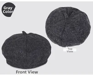 Front and top view of dark grey wool blend beret with textured finish and pleated design