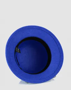 Detail of navy wool cloche hat interior showing polyester lining and sweatband