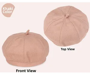 Front and top view of khaki wool beret showing premium texture and classic pumpkin shape