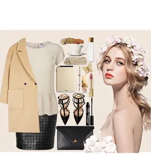 Flat lay of wool fedora hat styled with coat, skirt, and studded heels ensemble