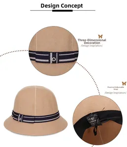 Dettaglio del cappello a secchiello color cammello con cinturino interno regolabile
