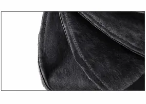 Macro view of black faux fur material with detailed stitching on the warm newsboy hat