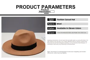 Detailed size specifications for khaki wool fedora hat with black ribbon band