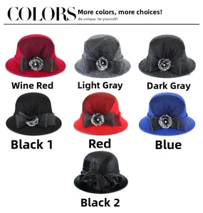 Collage of wool felt hats in various colors including wine red and blue with net veil details