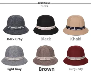Tabella colori di cappelli cloche in lana con fiocchi decorativi e dettagli in metallo