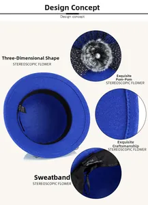 Detail of royal blue wool cloche hat featuring decorative pompom pearl and lace mesh trim