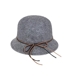 Women Vintage Woolen Felt Cloche Hat Elegant Solid Color Round Top Bucket Hat With Bowknot Leather Cord Winter Warm Basin Hat