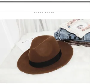 Retro wool fedora hat with black decorative band displayed on white faux fur with magazine