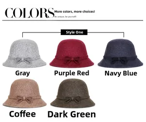 Detail view of winter wool felt bucket hats with bows in grey, burgundy, navy, and green