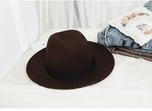 Detail of a dark brown wool fedora hat with black ribbon on a soft white carpet background