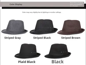 Detailed color selection showing striped and solid fedora hats for men in multiple colors