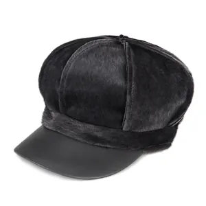 Women's black faux mink fur newsboy cap with leather brim for winter warmth