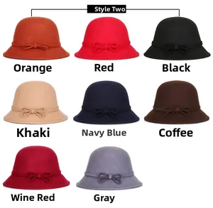 Overview of wool felt bucket hats showing eight color variants with bow belt details