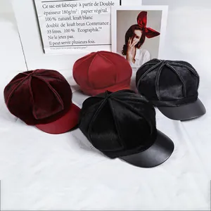 Winter octagonal newsboy caps for women in plush faux fur with faux leather brim styles