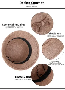 Detailed views of brown wool felt hat featuring inner lining and decorative bow knot