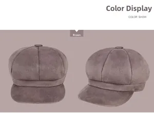 Detailed views of a brown suede octagonal newsboy cap showing front and side profile angles