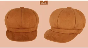 Front and side view of khaki newsboy cap showing soft suede texture and warm material