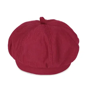 Deep red vintage beret for women with textured wool finish and classic multi-panel design