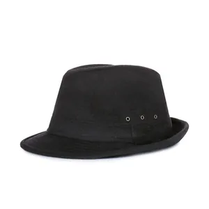 Classic black wool fedora hat for men featuring vintage metal eyelets and a narrow brim