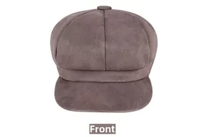 Front view of a brown suede newsboy cap featuring 8-panel stitching and a soft texture