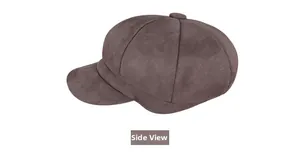 Side view of dark brown faux suede newsboy cap showing texture and stitched paneling